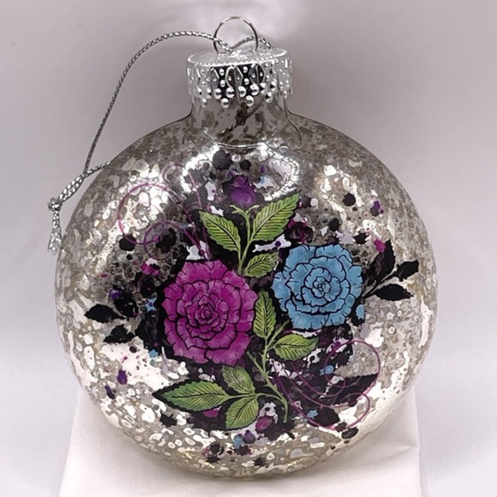 G&D Glass Christmas Ornament 3.5" Silver Purple Blue Floral Disc Hand Blown